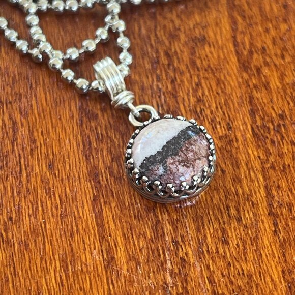 Minimalist Picture Jasper Pendant Necklace | Silver Tone Crown Bezel - Picture 3 of 7